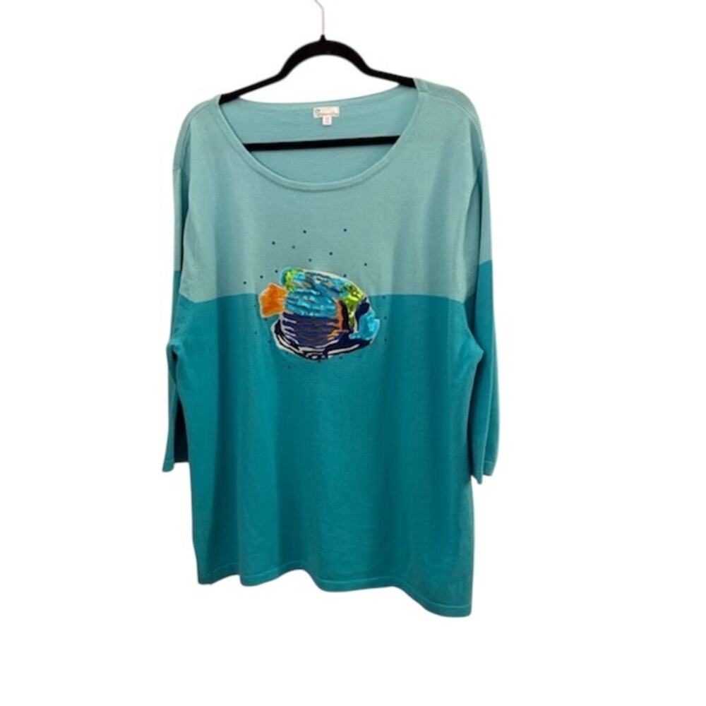 Cabana Cay 100% Cotton Sweater Summer Crewneck Sequin Fish Nautical Beachy 2X